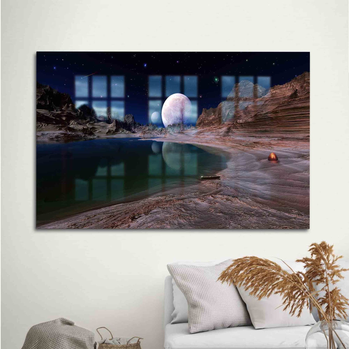 Alien Planet Moonlight Lake Desert Space Fantasy Landscape Wall Art
