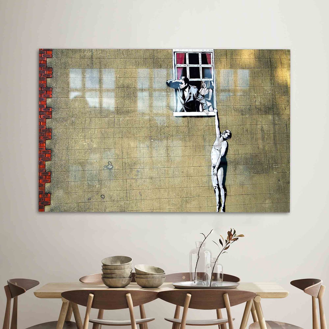 Banksy Style Street Art Window Scene With Hanging Man Wall Poster