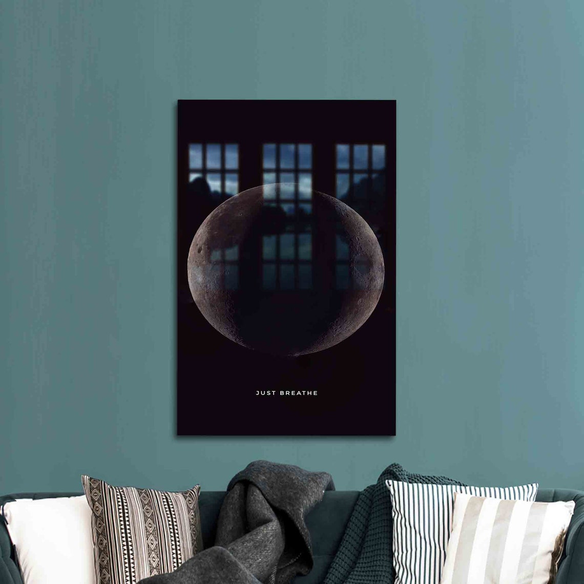 Glass Wall Art Decoration Just Breathe Motivational Moon Landscape Printing Decor