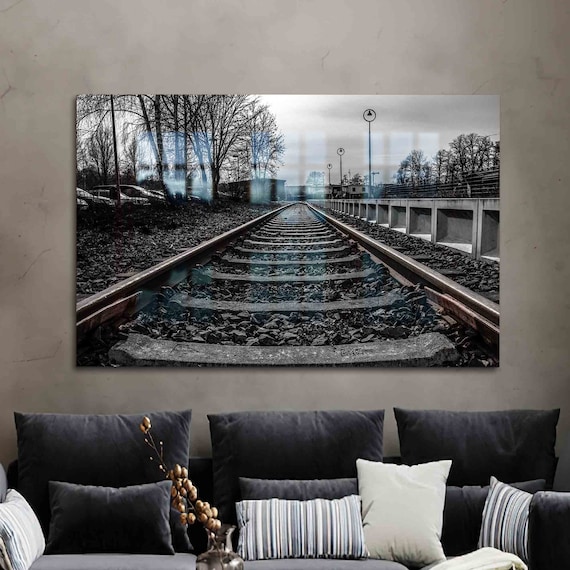 Black And White Railway Tracks Vanishing Horizon Nostalgic Train Photo Poster