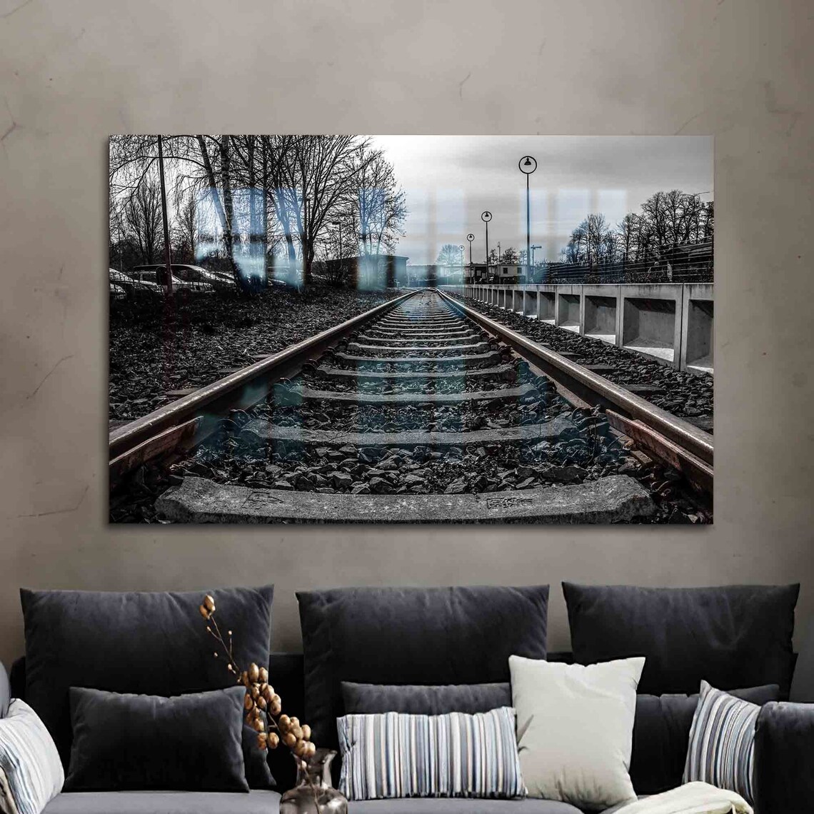 Black And White Railway Tracks Vanishing Horizon Nostalgic Train Photo Poster