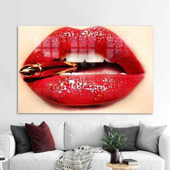 Mural Art Glass Printing Tempered Red Lip And Gullet Wall Decoration Nude Erotic