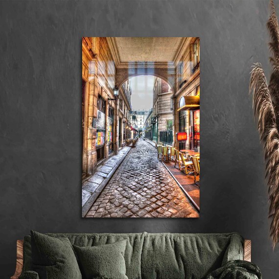 Old Paris Cobblestone Street Cafes Vintage Photography Wall Art