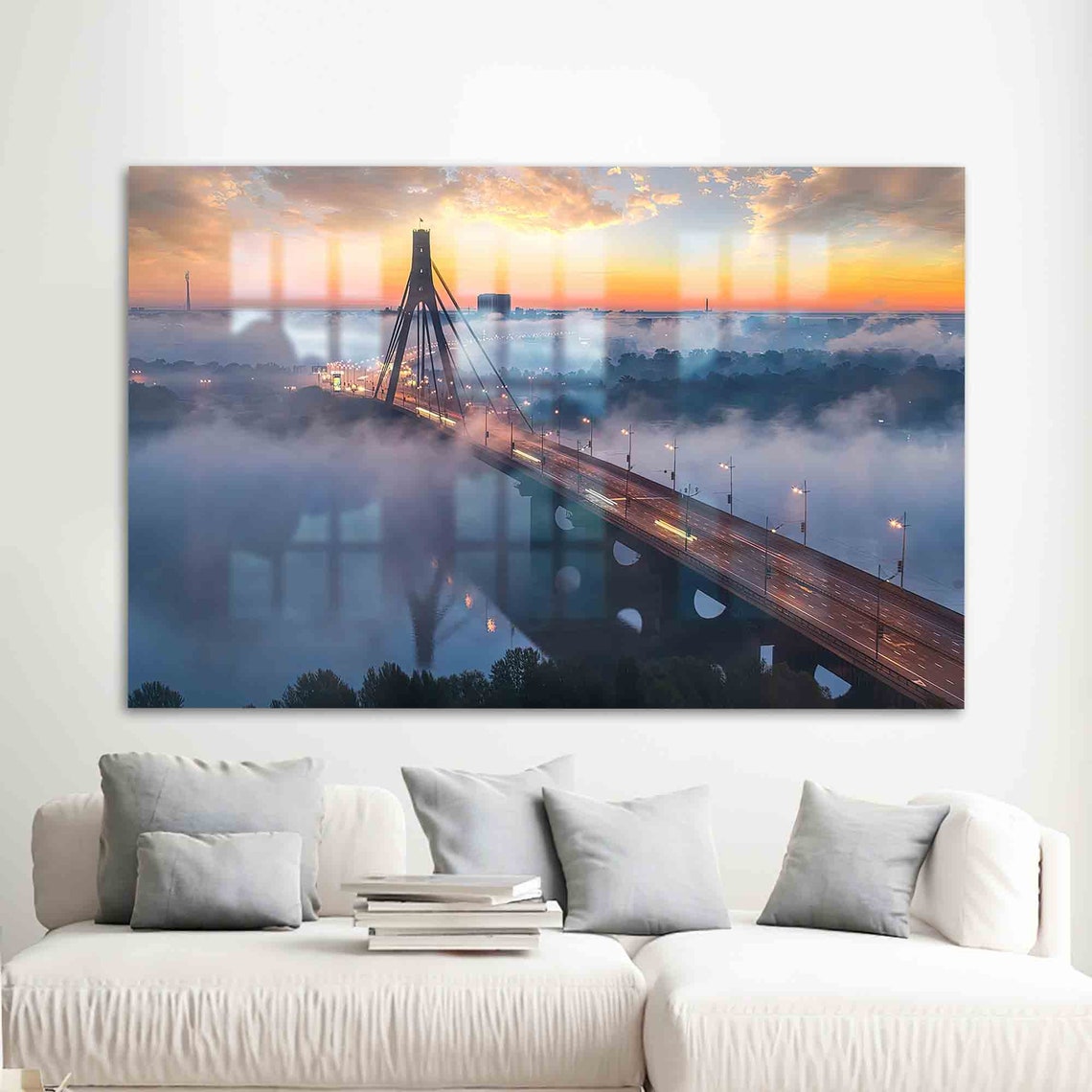 Cable Stayed Bridge at Sunrise Mist Over River Cityscape Poster