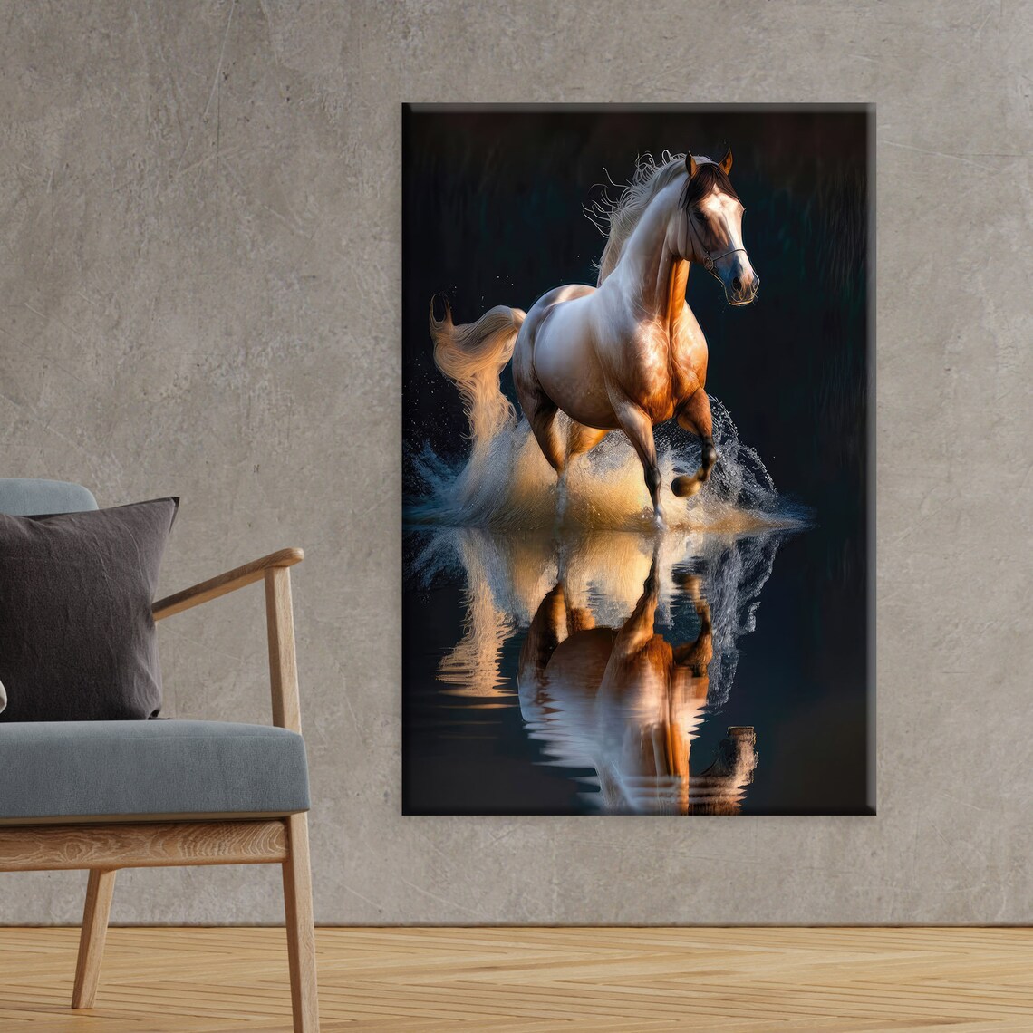 White Horse Galloping Through Water with Reflection Dramatic Equine Poster