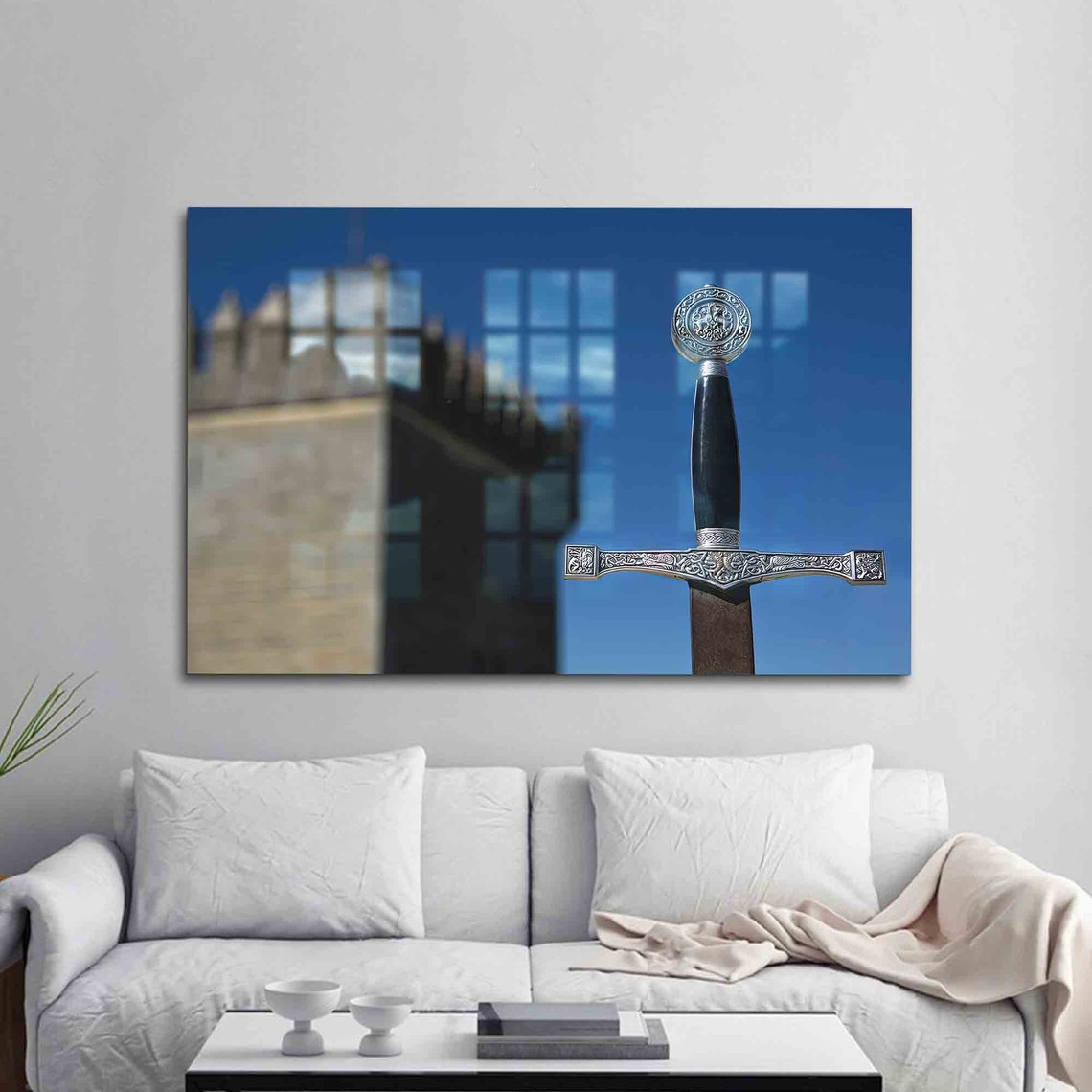 Excalibur Medieval Sword Before Castle Legend Glass Wall Art