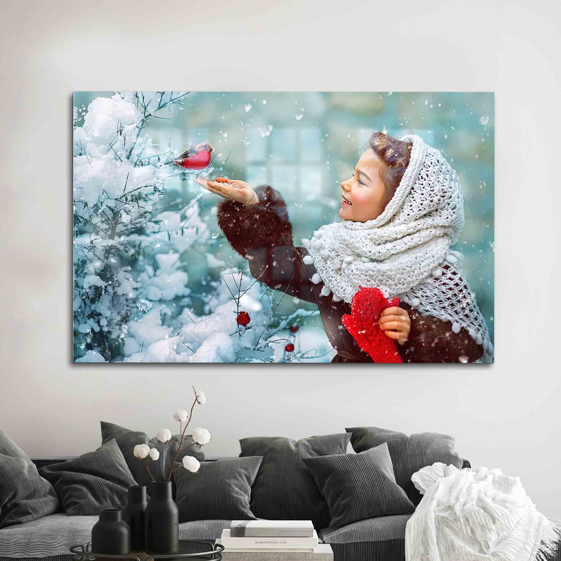 Girl With Red Bird In Winter Snow Glass Art Holiday Wall Poster