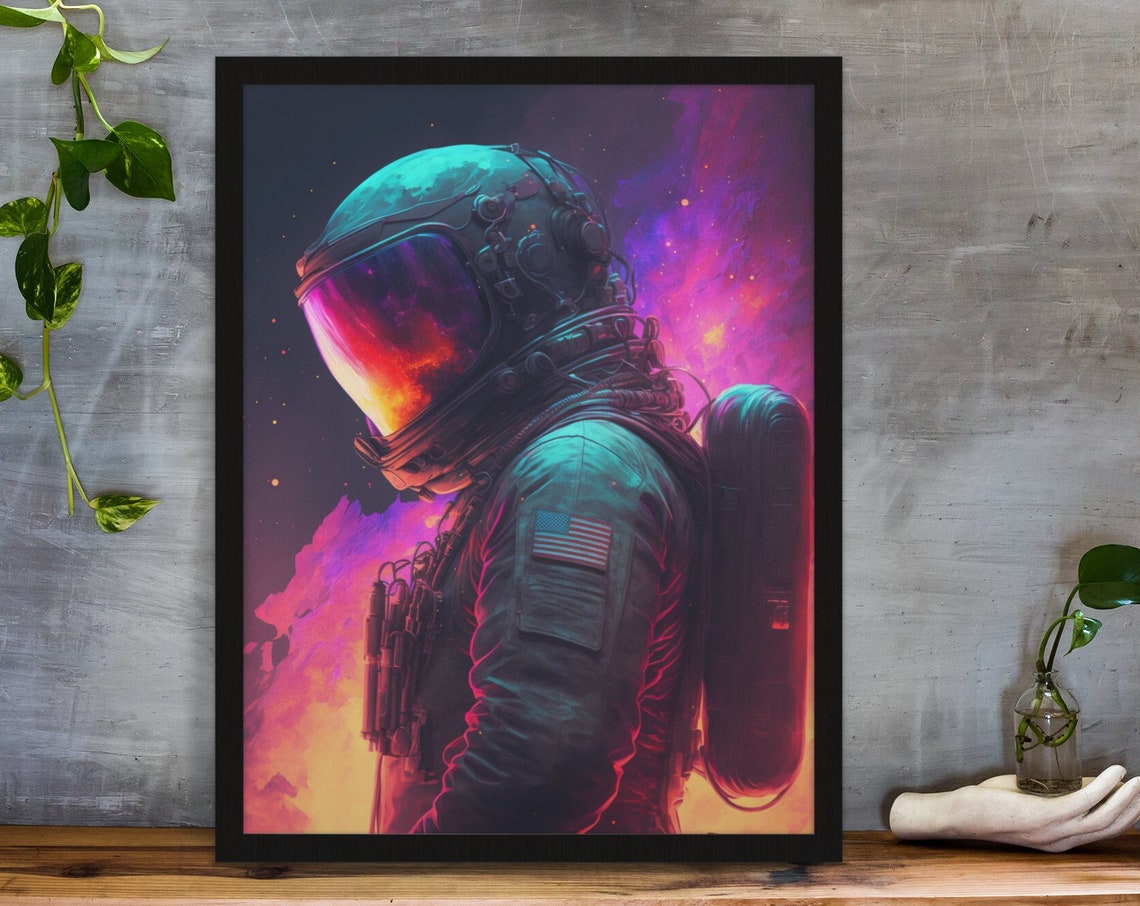 Suit Astronaut Neon Nebula Profile American Flag Space Wall Art