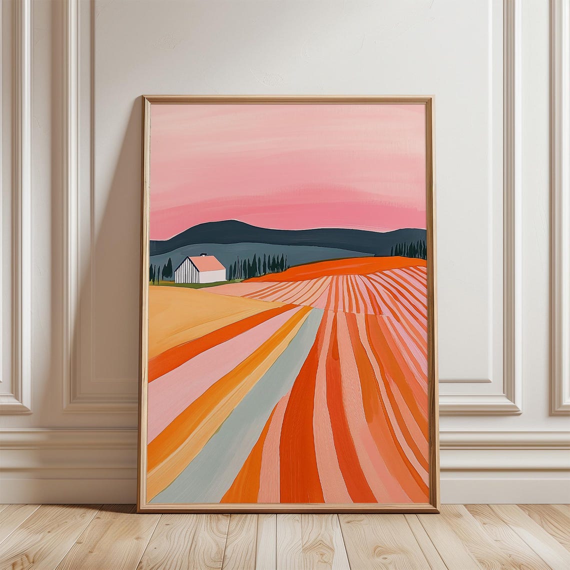 Vibrant Abstract Farm Landscape with Striped Fields at Sunset Poster - Image 4
