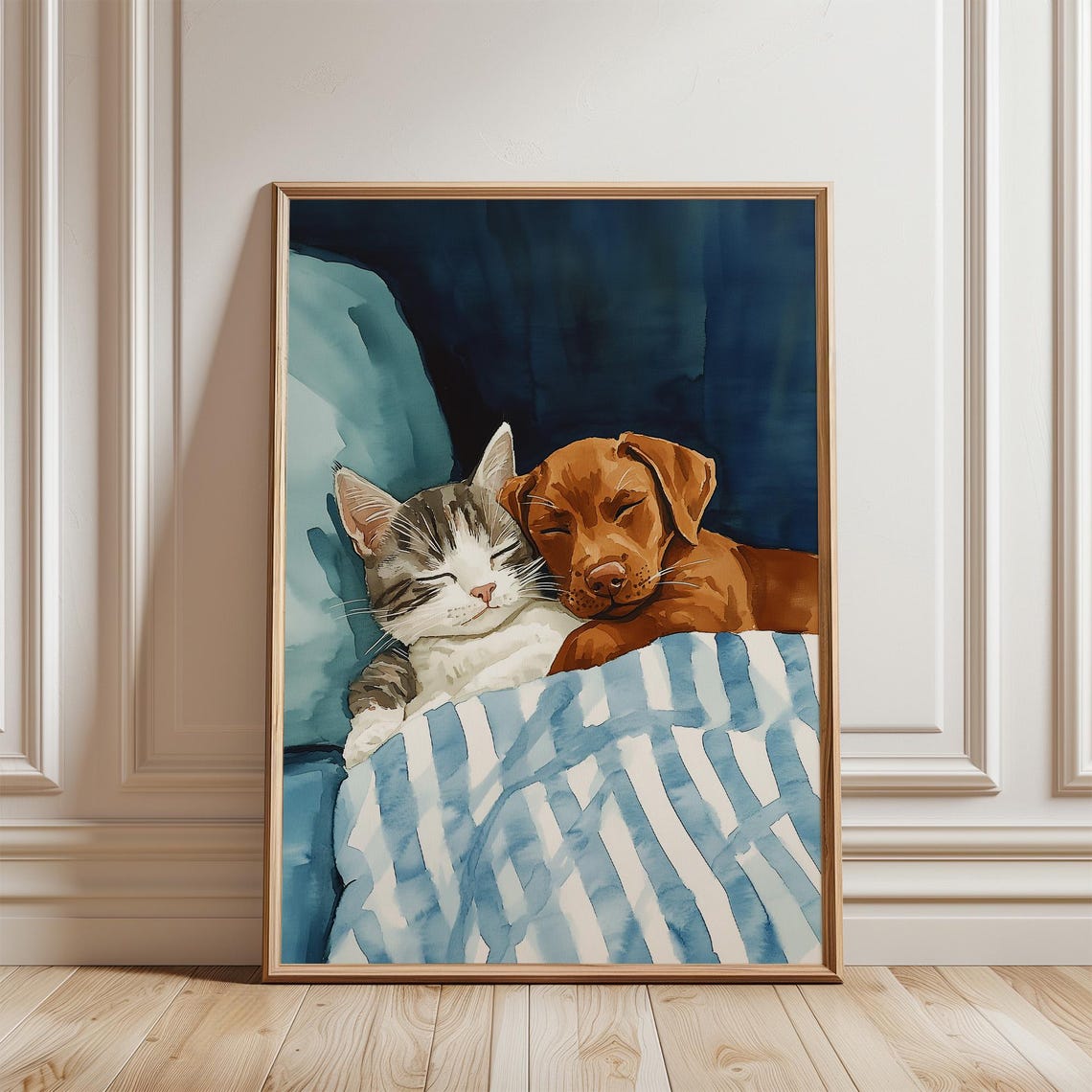 Sweet Sleeping Cat and Dog Cuddling Cute Animal Nursery Poster
