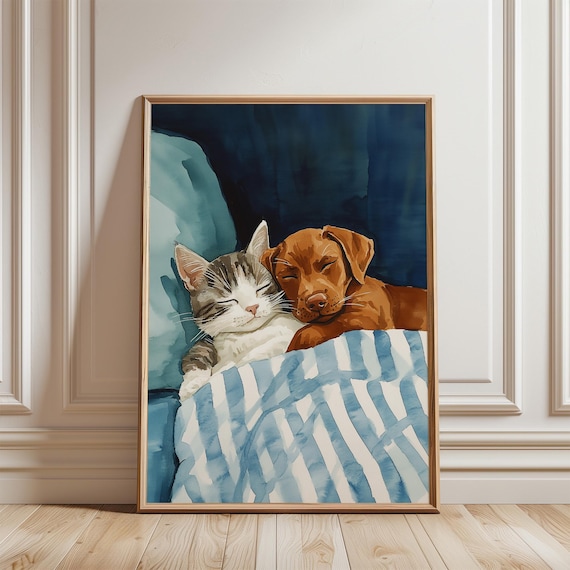 Sweet Sleeping Cat and Dog Cuddling Cute Animal Nursery Poster