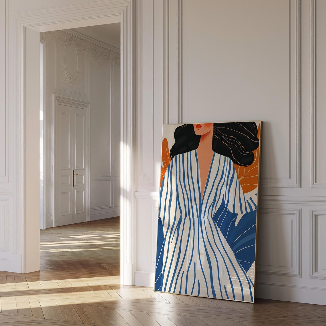 Elegant Woman in Blue Striped Dress Matisse Style Portrait Poster - Image 5
