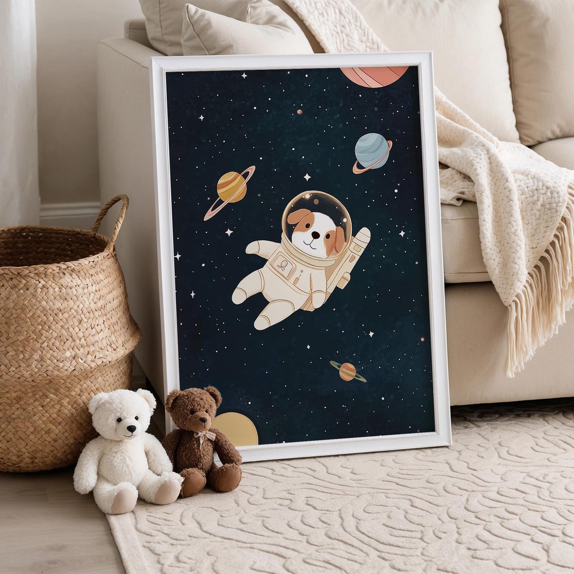 Cute Astronaut Puppy Floating in Space Nursery Starry Night Poster