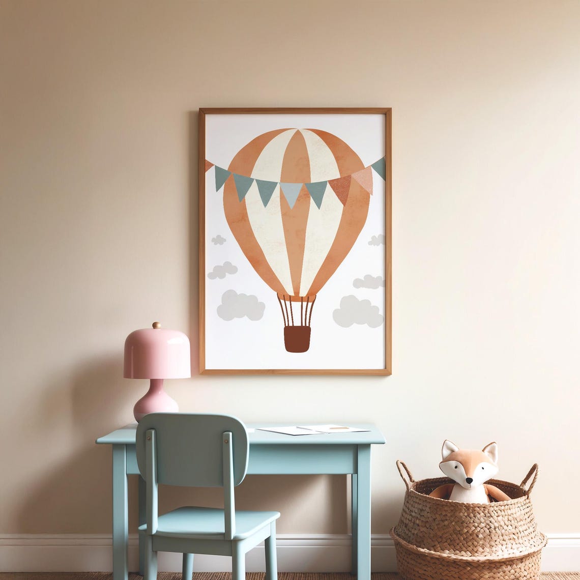 Sweet Boho Terracotta Striped Hot Air Balloon Nursery Decor Poster - Image 3