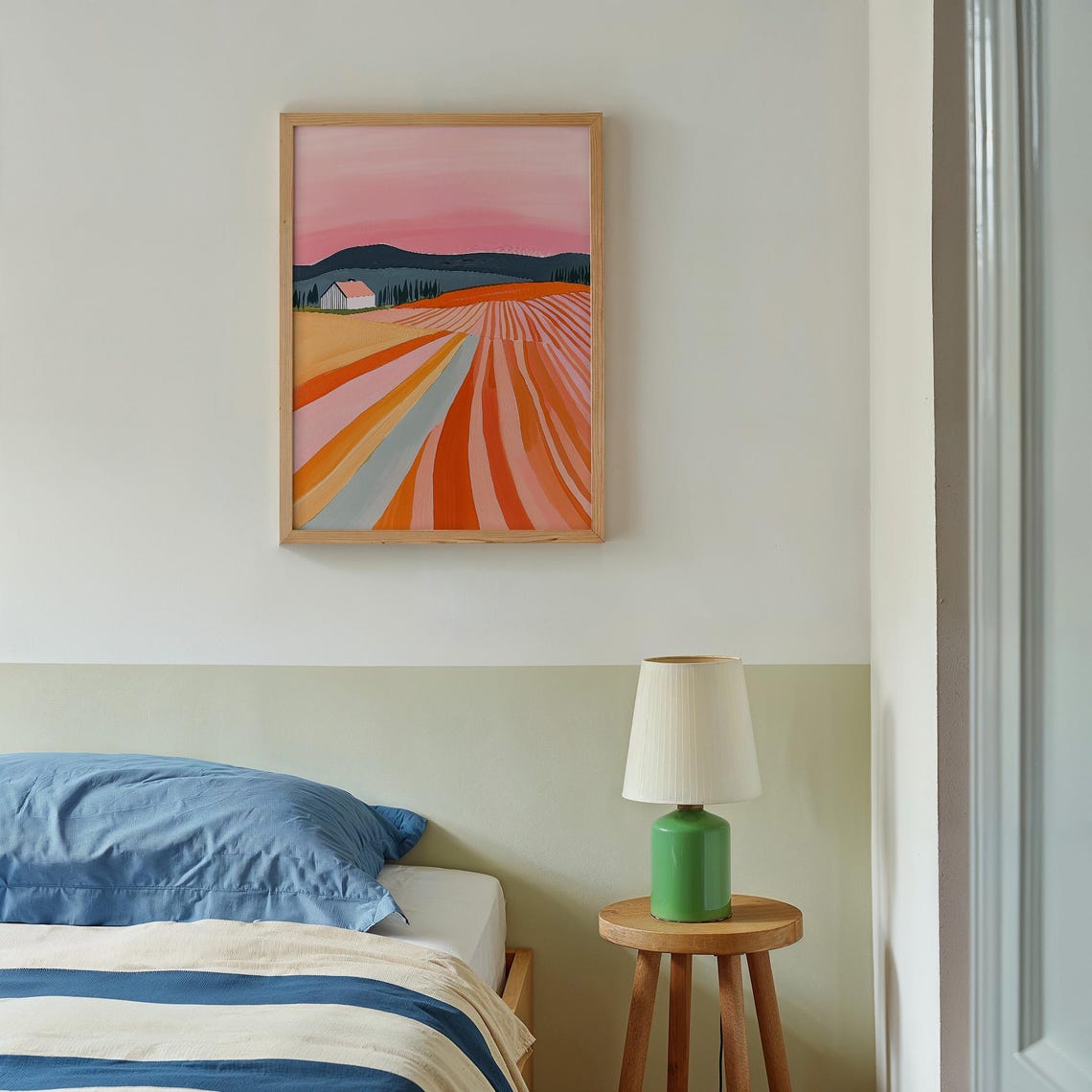 Vibrant Abstract Farm Landscape with Striped Fields at Sunset Poster - Image 3