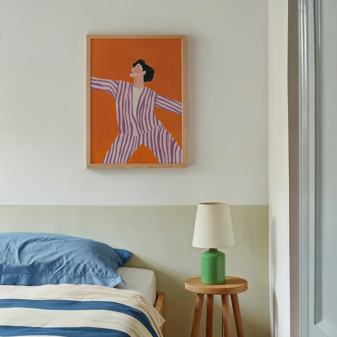 Joyful Dancing Woman in Striped Suit on Orange Background Poster - Image 3