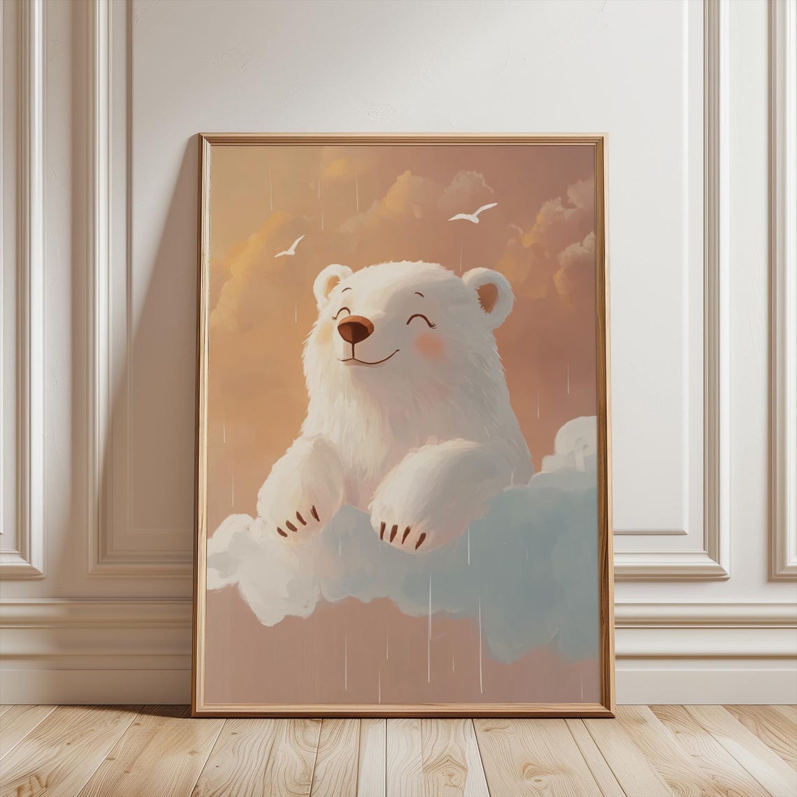 Cute Smiling Polar Bear Sitting on Soft Clouds Nursery Poster - Image 3