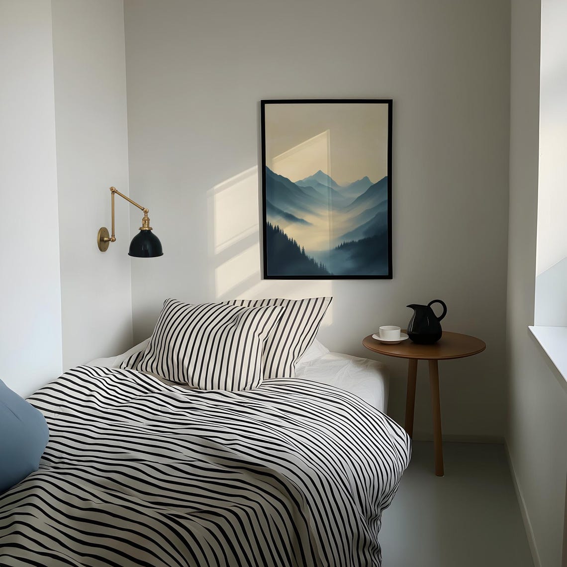 Misty Mountain Valley Landscape in Blue and Cream Tones Poster - Image 3