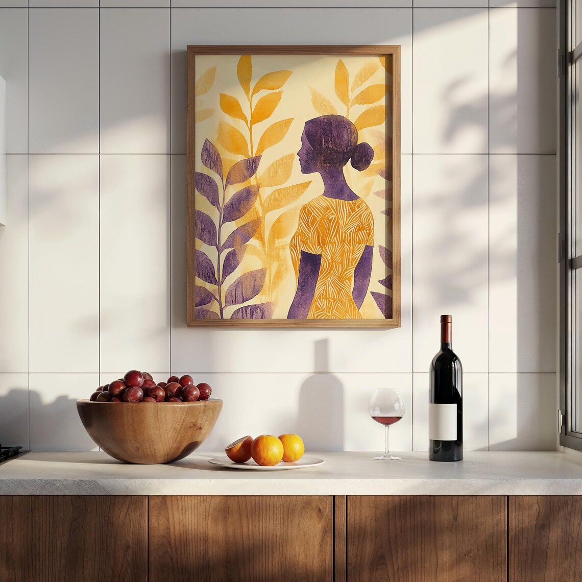 Elegant Golden Woman Silhouette Purple Foliage Abstract Art Poster - Image 2