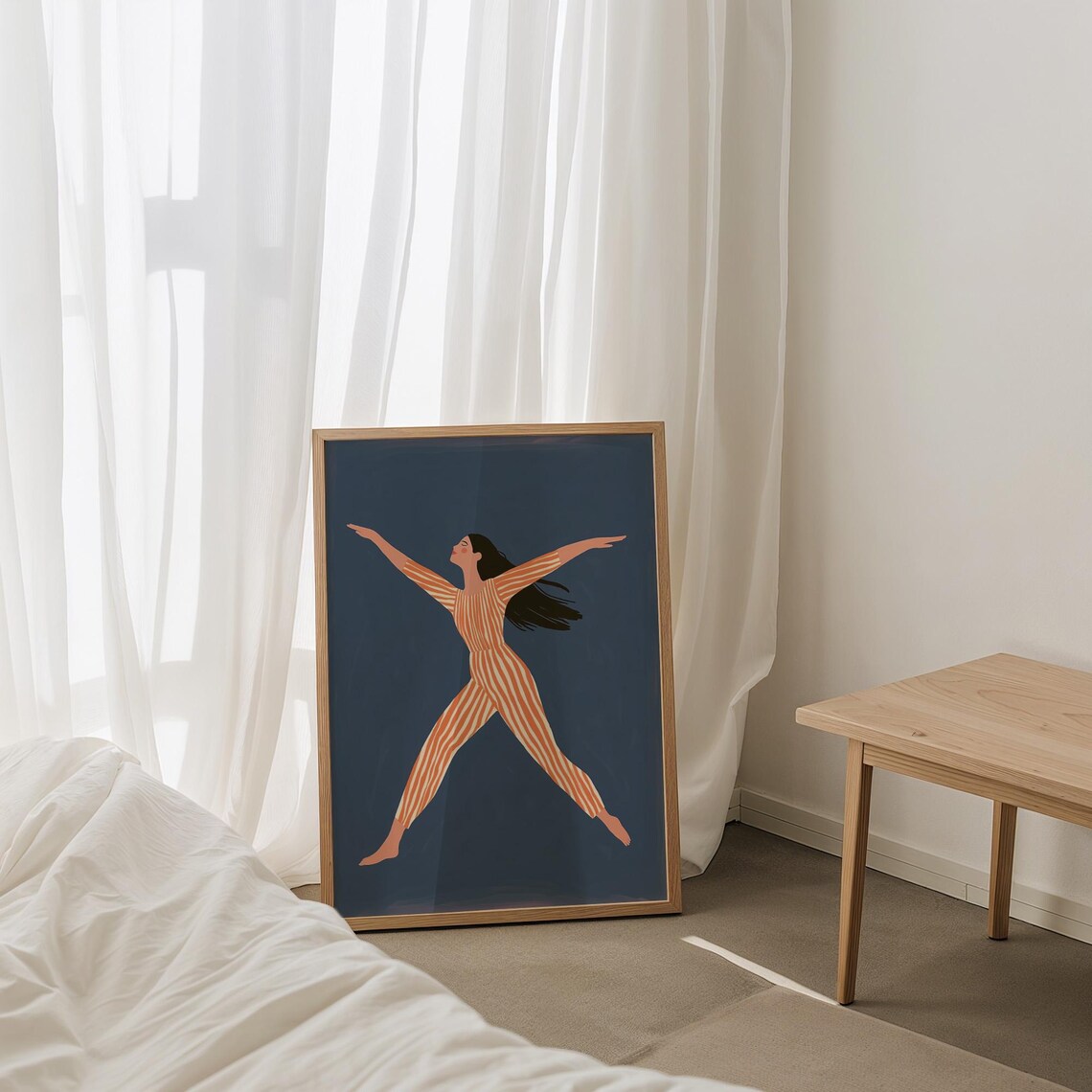 Dancing Woman in Orange Striped Jumpsuit Caught Mid Leap Poster - Image 4