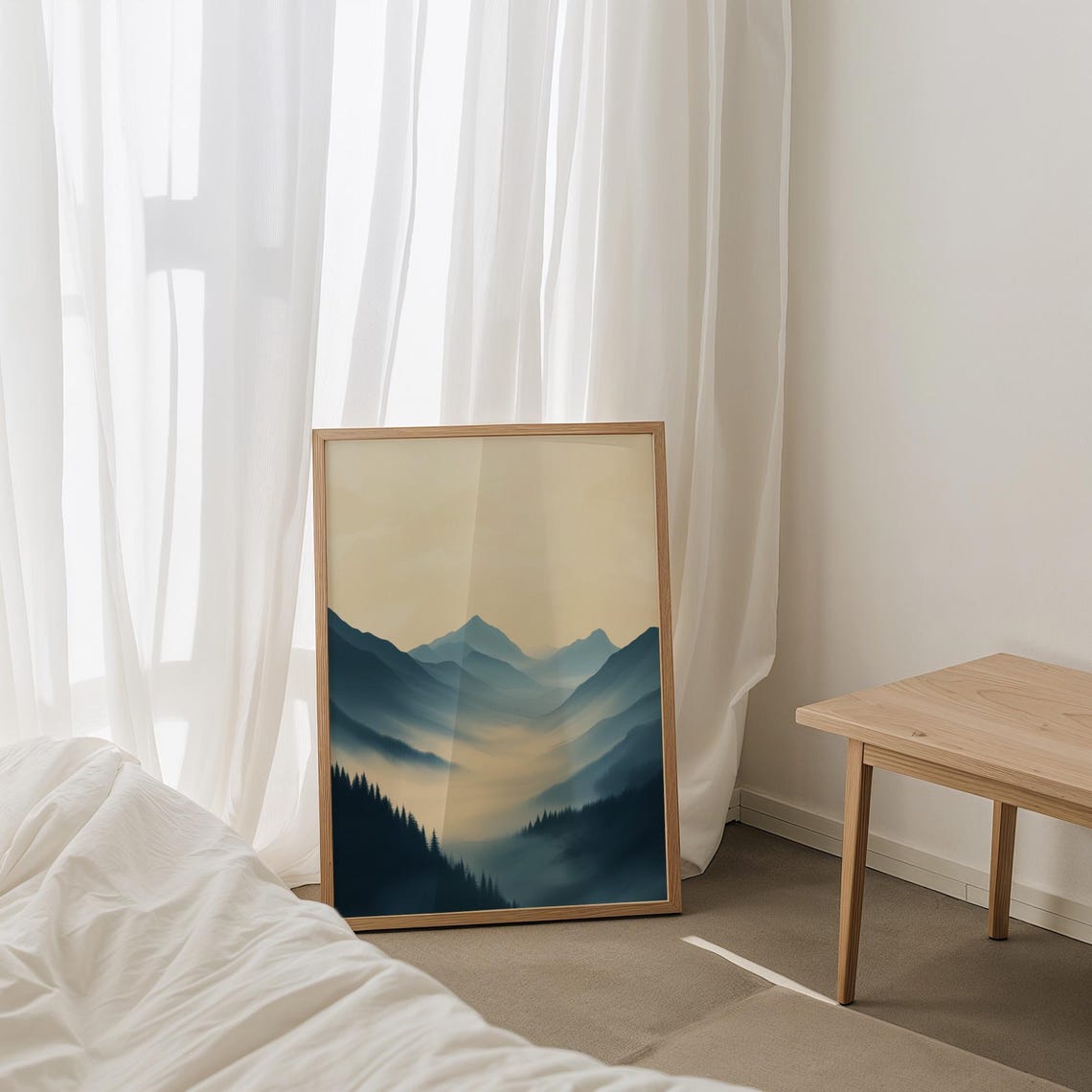 Misty Mountain Valley Landscape in Blue and Cream Tones Poster - Image 5