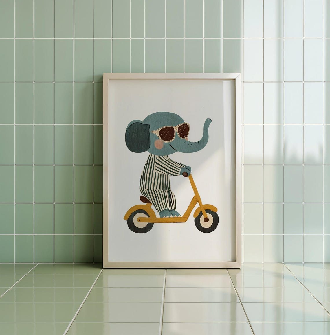 Adorable Elephant in Sunglasses Riding Scooter Kids Nursery Poster