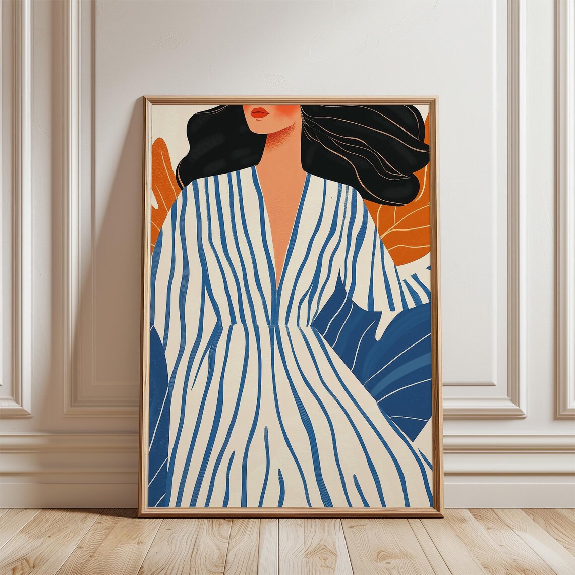 Elegant Woman in Blue Striped Dress Matisse Style Portrait Poster - Image 4