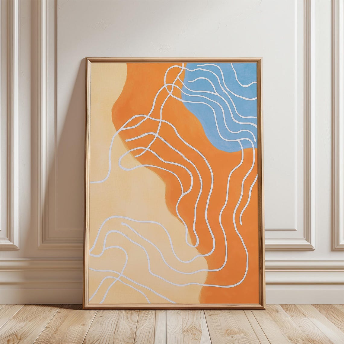 Orange Blue Abstract With White Squiggle Lines Modern Art Poster