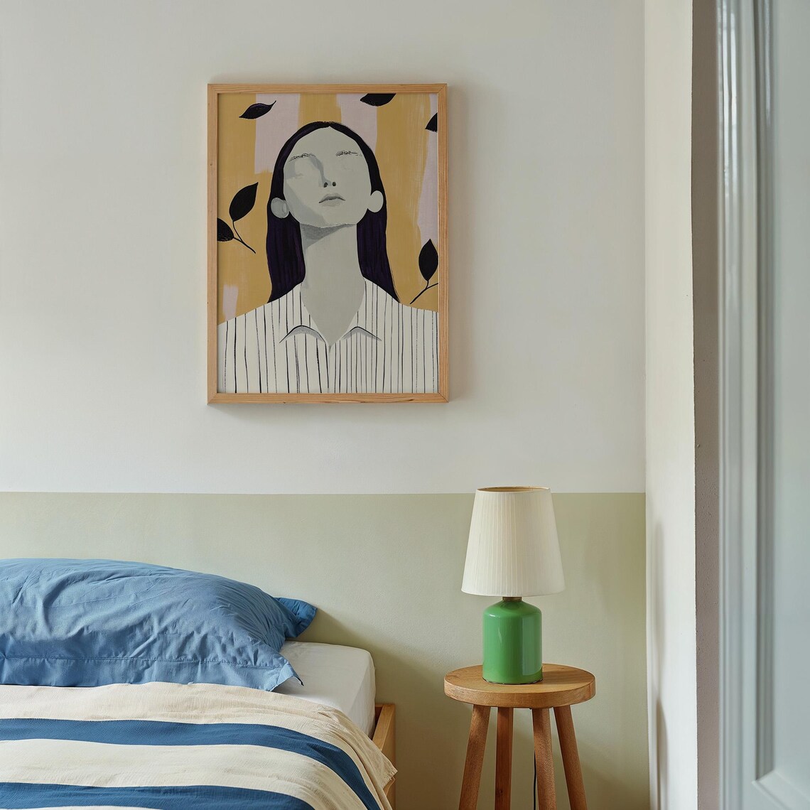 Tranquil Peaceful Woman Closed Eyes Striped Shirt Modern Poster - Image 2
