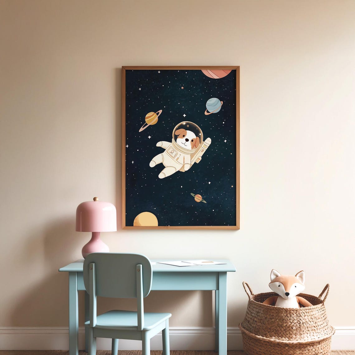 Cute Astronaut Puppy Floating in Space Nursery Starry Night Poster - Image 4