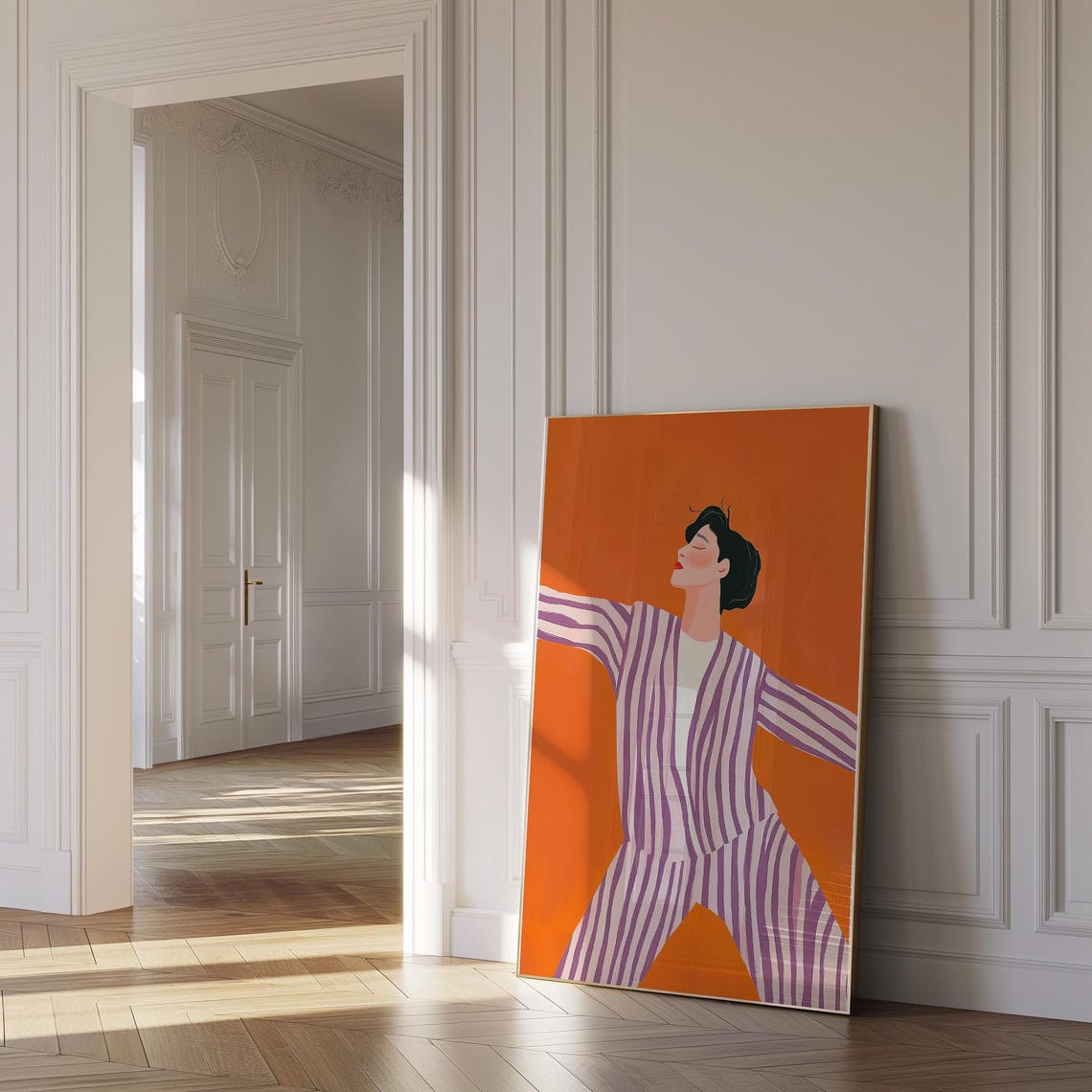 Joyful Dancing Woman in Striped Suit on Orange Background Poster - Image 2