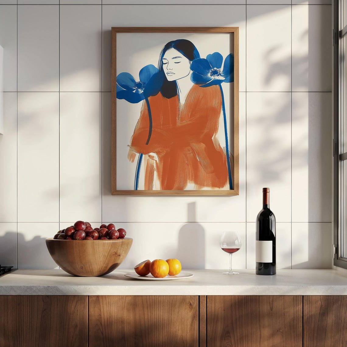 Striking Woman with Blue Anemones Rust Orange Dress Modern Poster - Image 2