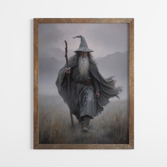 Gandalf Inspired Grey Wizard With Staff Misty Moor Fantasy Art Poster