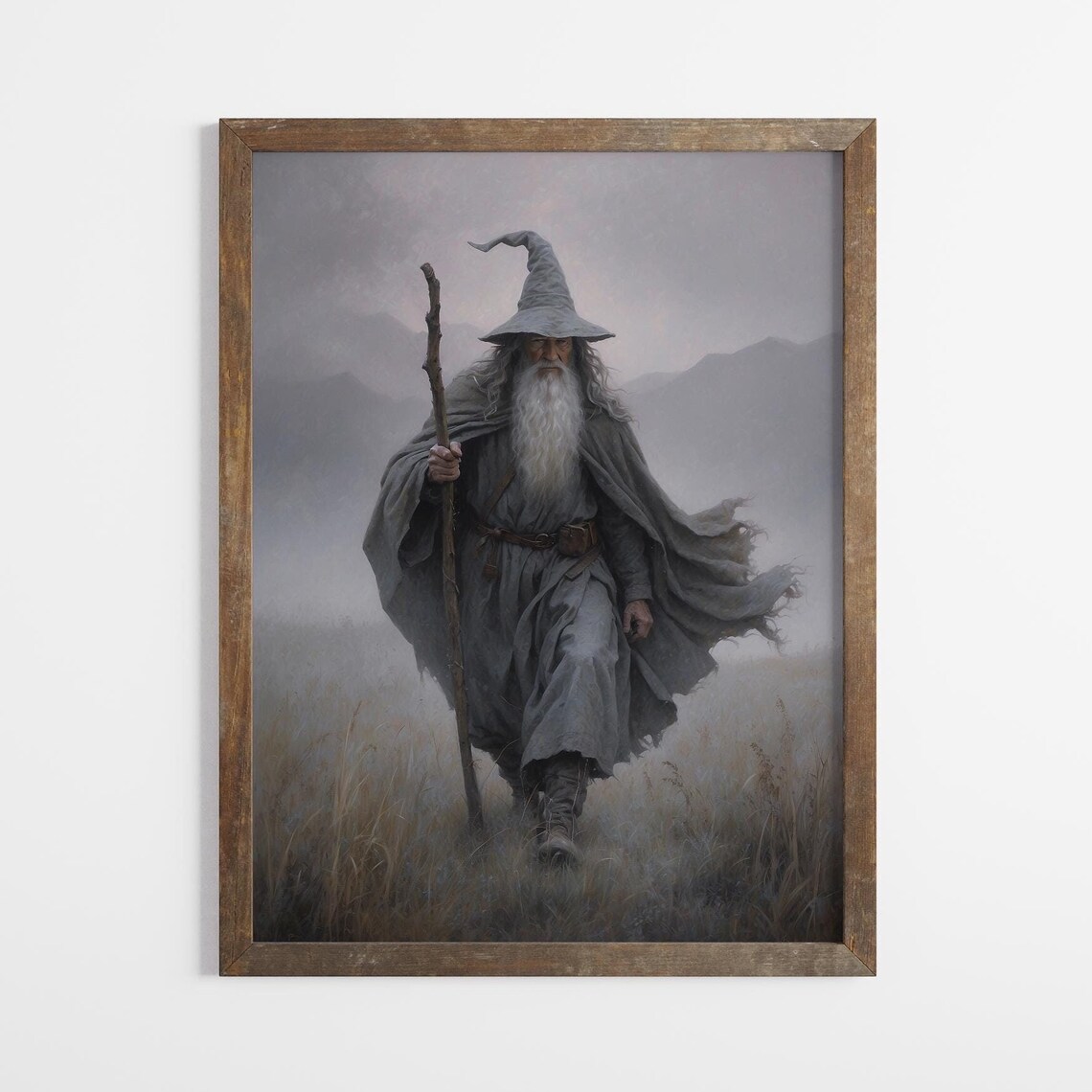 Gandalf Inspired Grey Wizard With Staff Misty Moor Fantasy Art Poster
