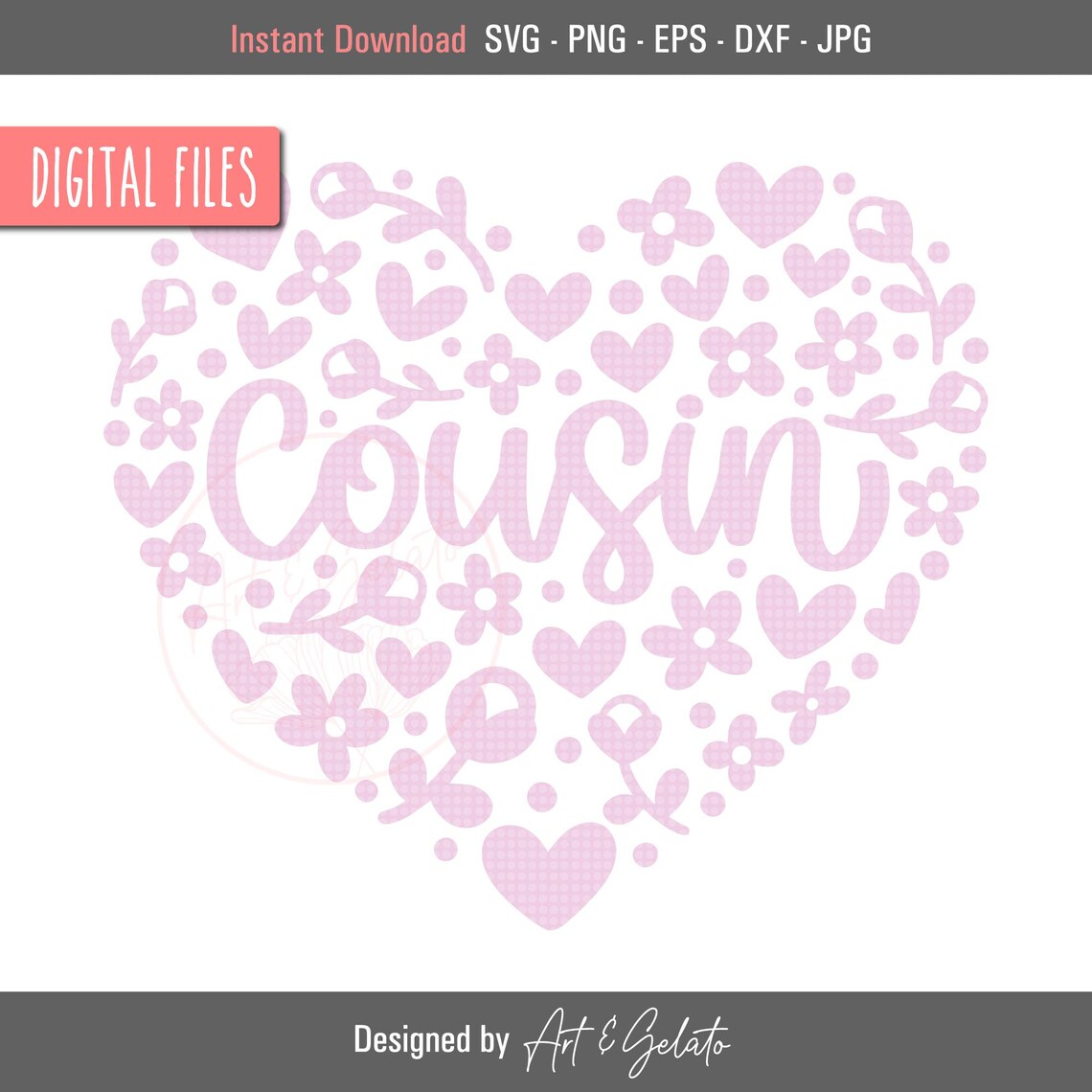 Cousin Pink Floral Heart Script Family Digital Design Poster