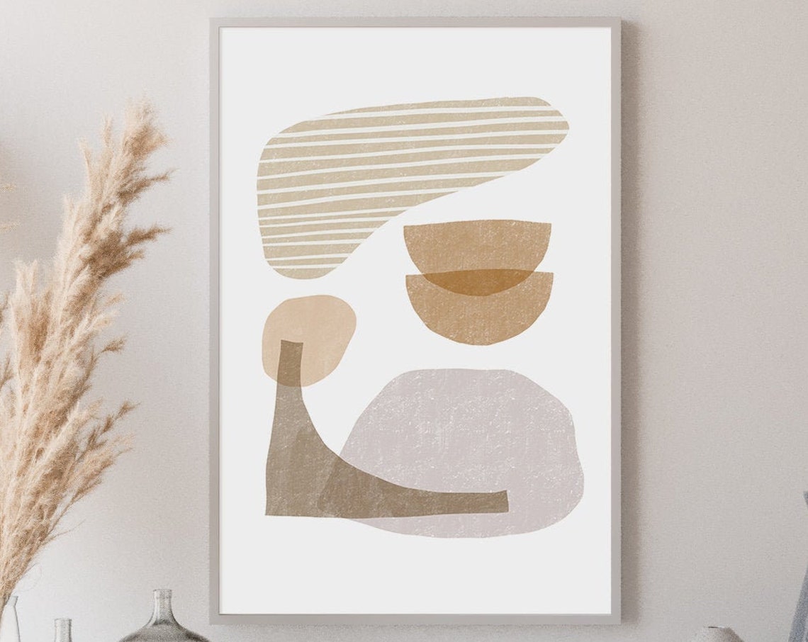 Beige Abstract Shapes with Striped Form Warm Organic Modern Art Poster