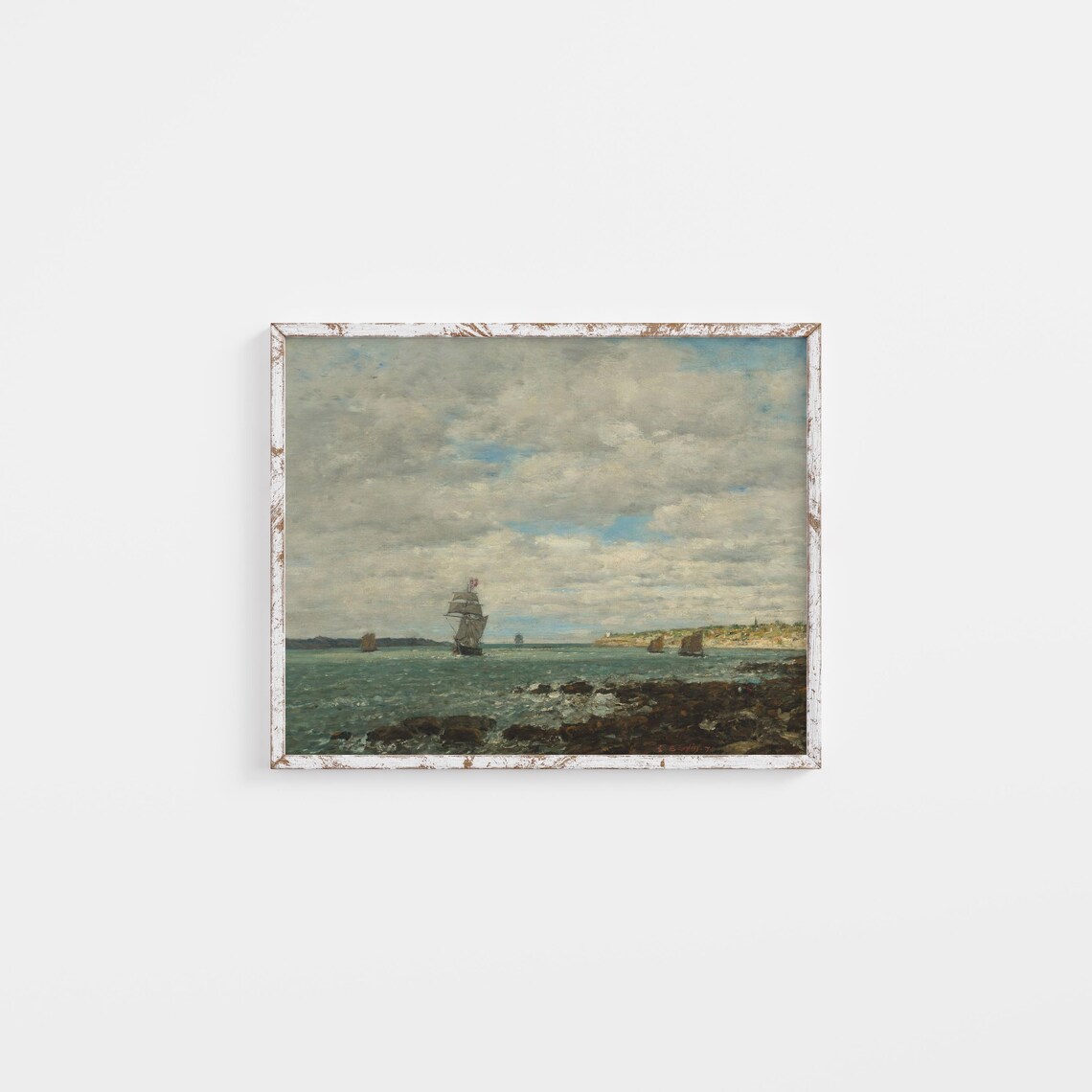 Vintage Cloudy Coastal Seascape, Rustic Painting