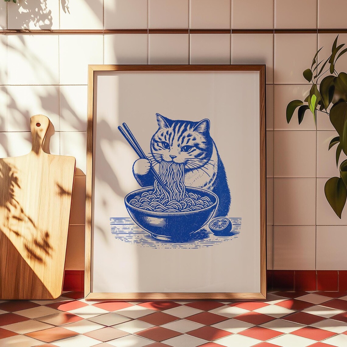 Cat Eating Ramen, Retro Kitchen Art Print