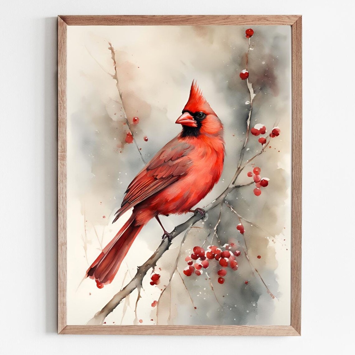 Red Cardinal Watercolor Bird Art Print, Winter Decor