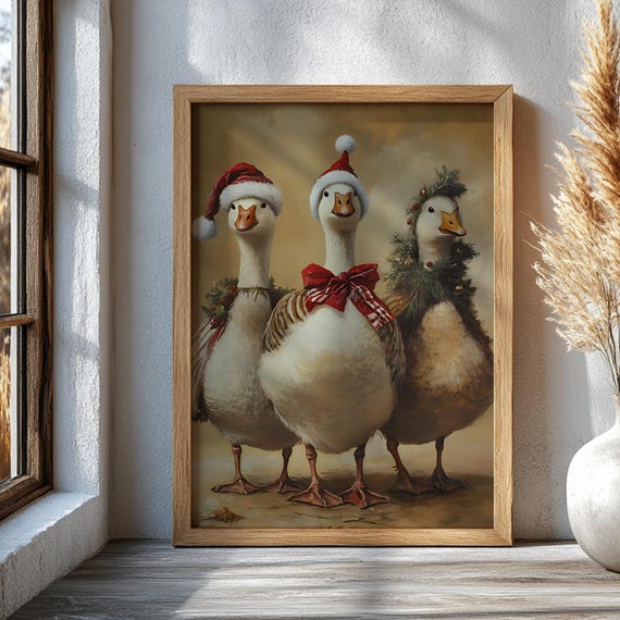 Funny Christmas Goose Wall Art Print Farm Animal Holiday Poster Festive Rustic Home Decor Barnyard Xmas Artwork Winter Farmhouse