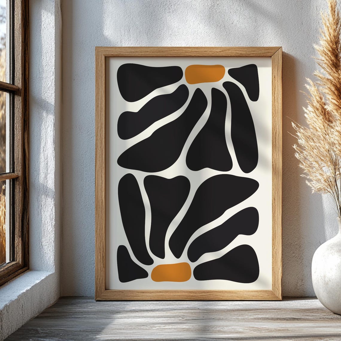 Black Abstract Botanical Printed Wall Art Minimalist Flower Poster Neutral Floral Room Decor Mid Century Modern Nature