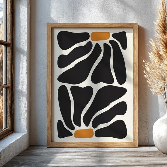 Black Abstract Botanical Printed Wall Art Minimalist Flower Poster Neutral Floral Room Decor Mid Century Modern Nature