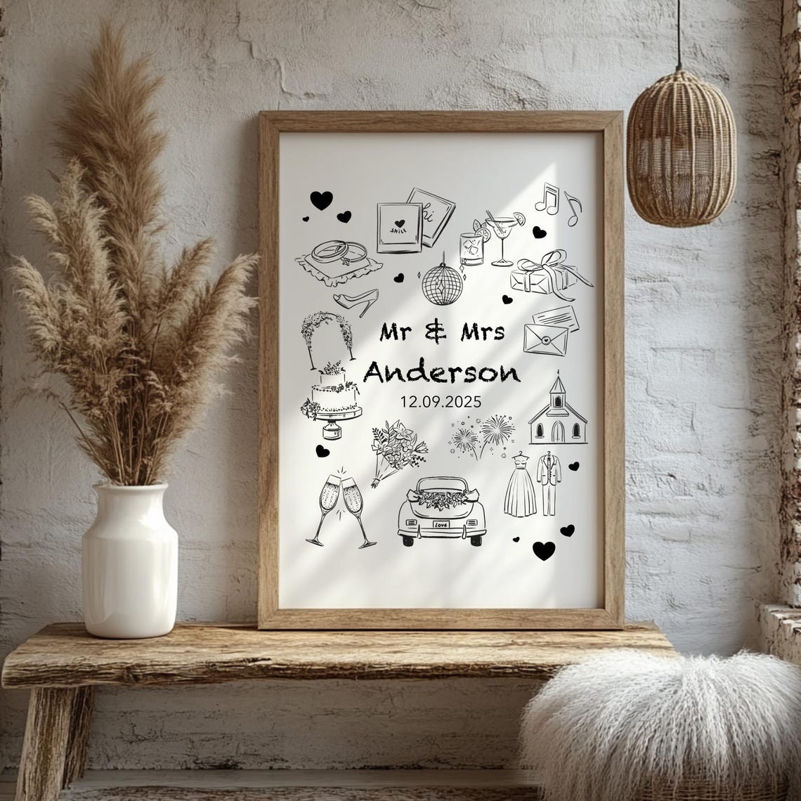 Personalized Mr and Mrs Wedding Poster Hand Drawn Doodle Keepsake