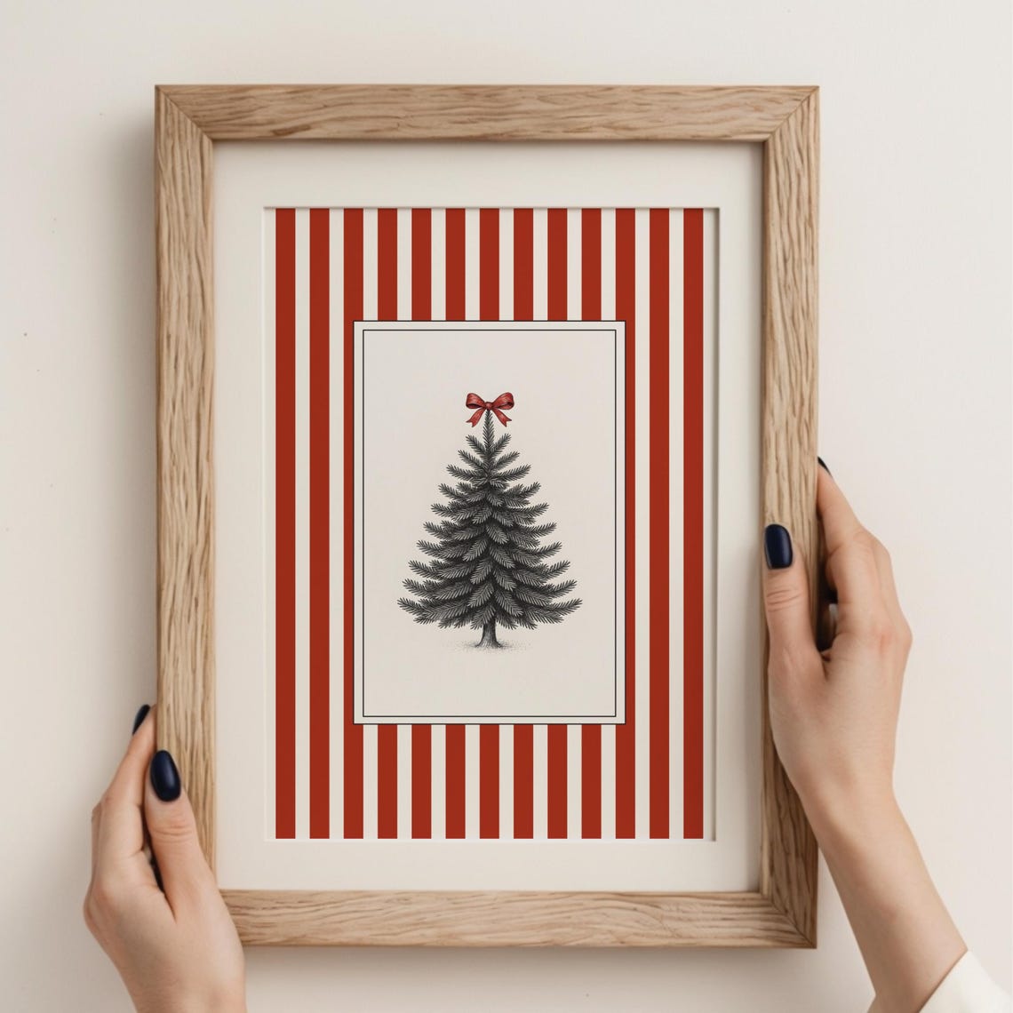 Vintage Christmas Tree Red Bow Striped Border Holiday Sketch Poster