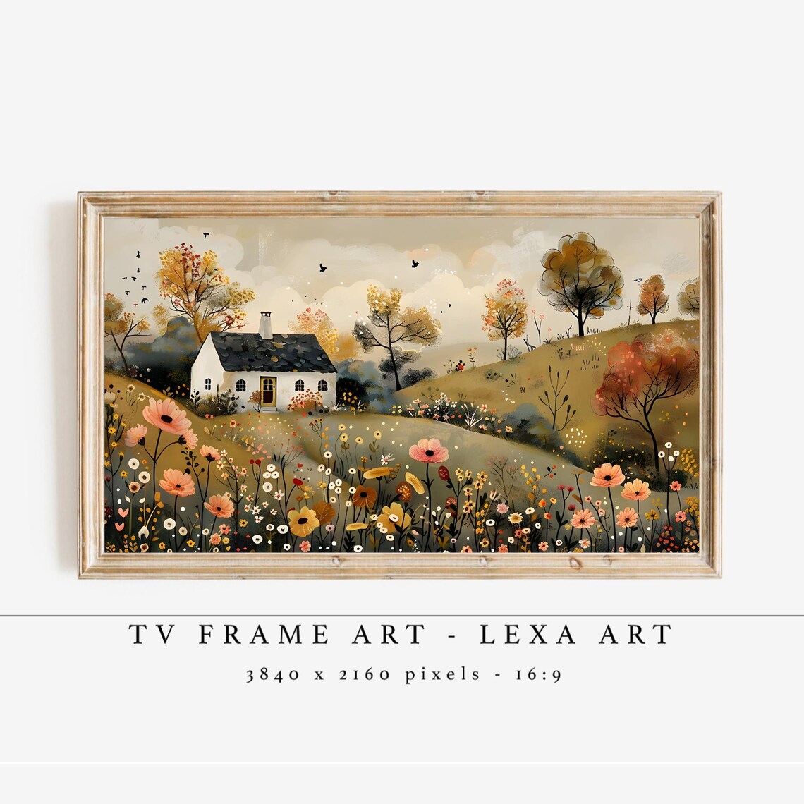 Cozy Autumn Cottage Wildflower Meadow Folk Art Whimsical Landscape Poster