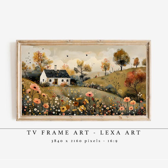 Cottage In Bloom Tv Art Minimalist Country Landscape Frame Spring Floral Wall Warm Rustic Home Decor