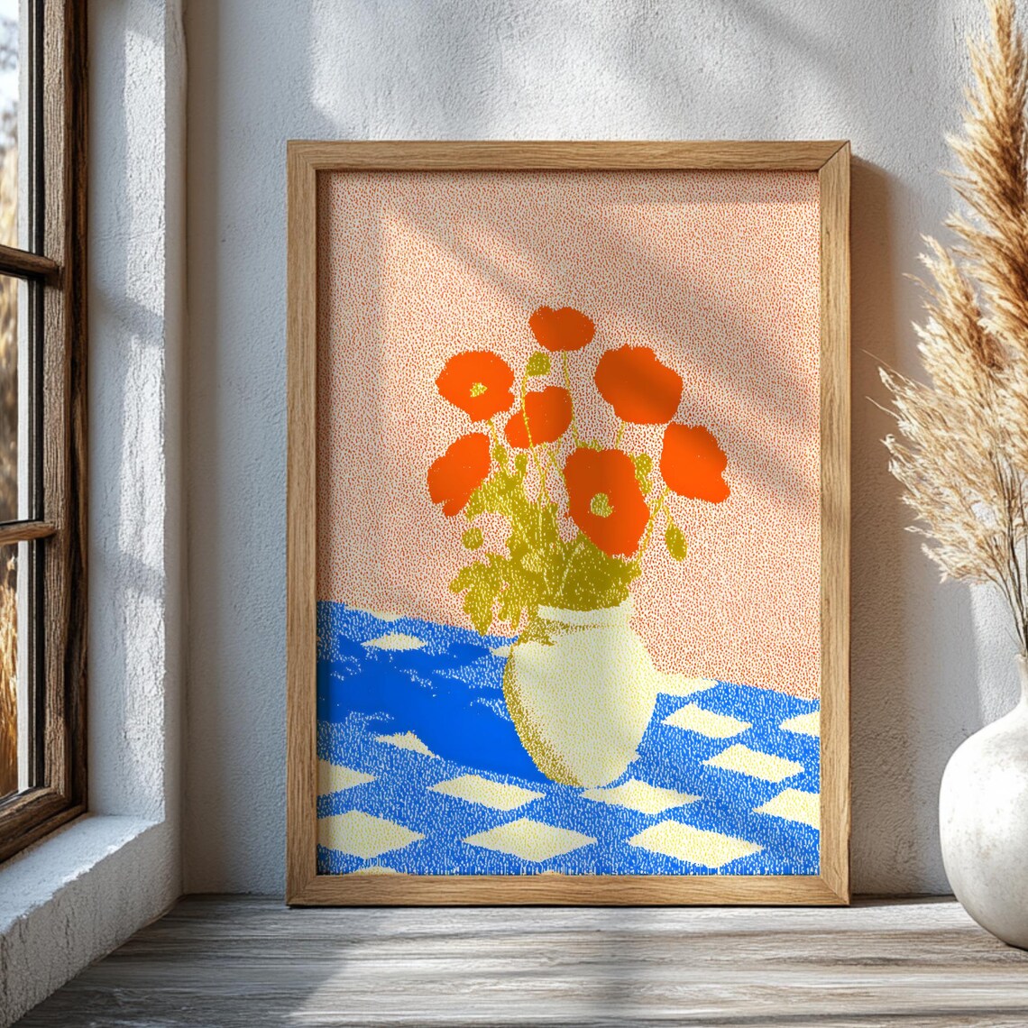 Red Poppies White Vase Dotted Modern Still Life Floral Art Poster