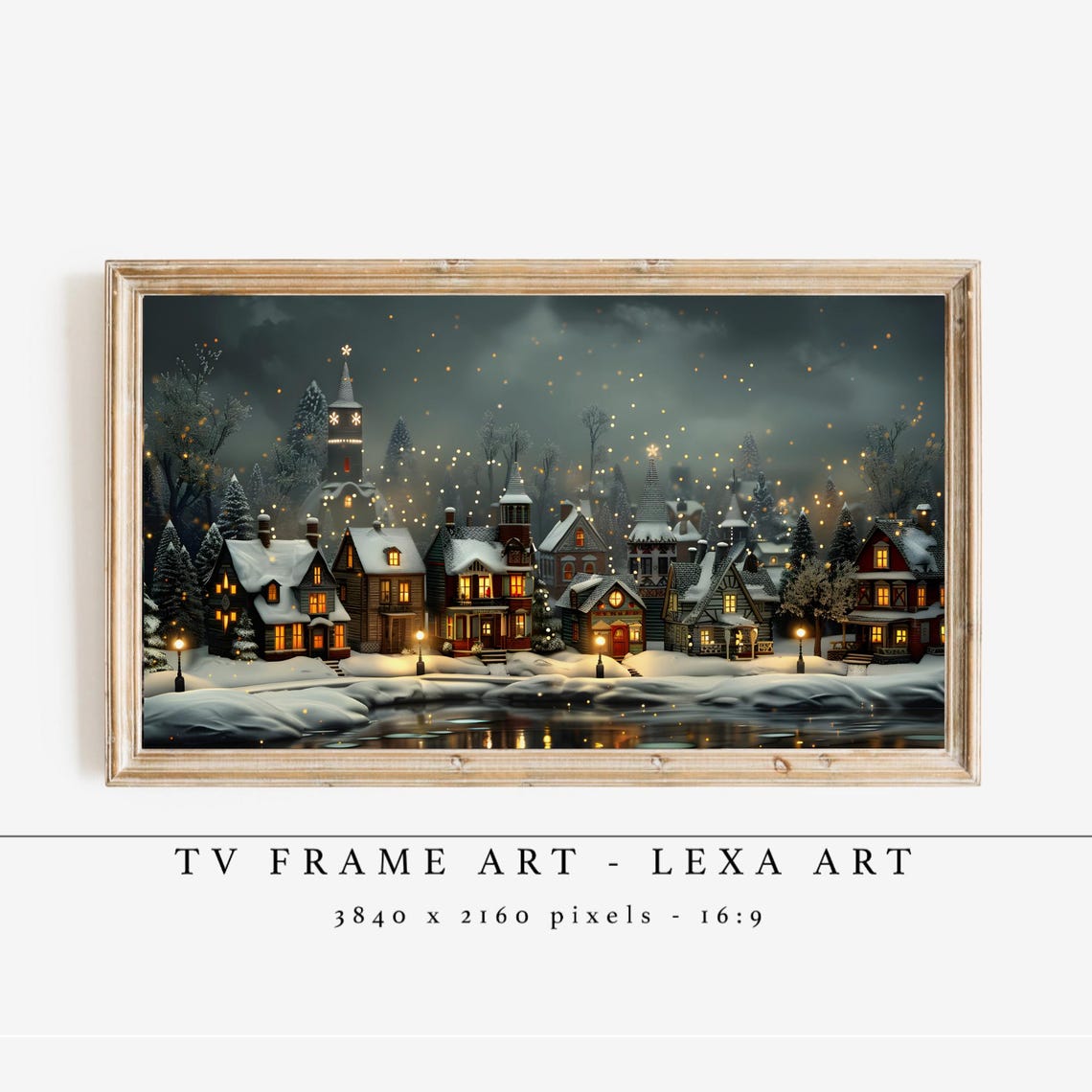 Snowy Christmas Village Night Glowing Windows Festive Art Poster