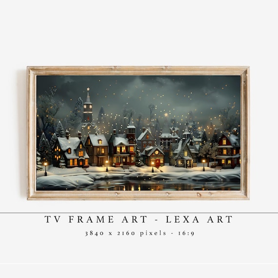 Snowy Christmas Village Night Glowing Windows Festive Art Poster