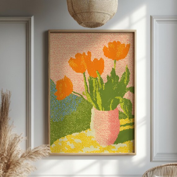 Orange Tulips Pink Vase Abstract Dot Style Bold Floral Art Poster